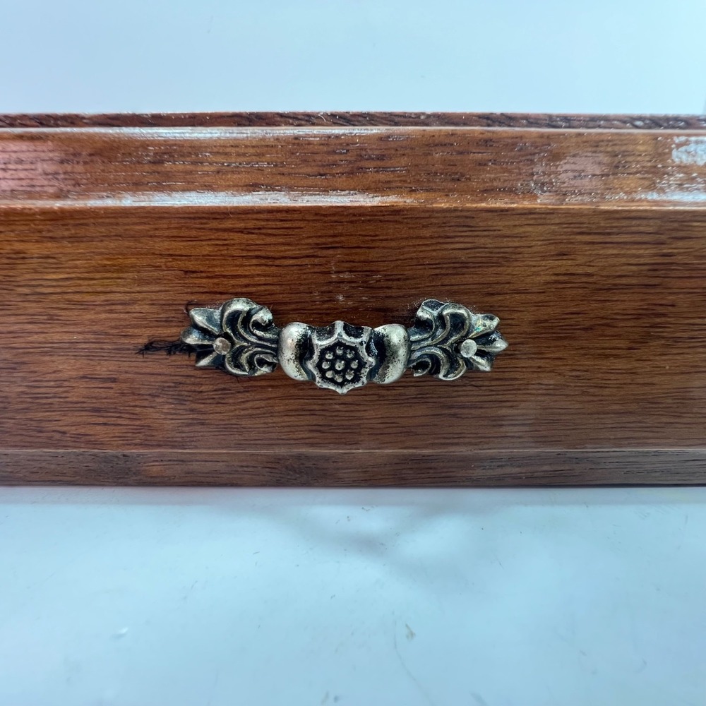 Vintage wood valet jewelry box with drawer ornate handle sunken depressions top - Picture 6 of 13